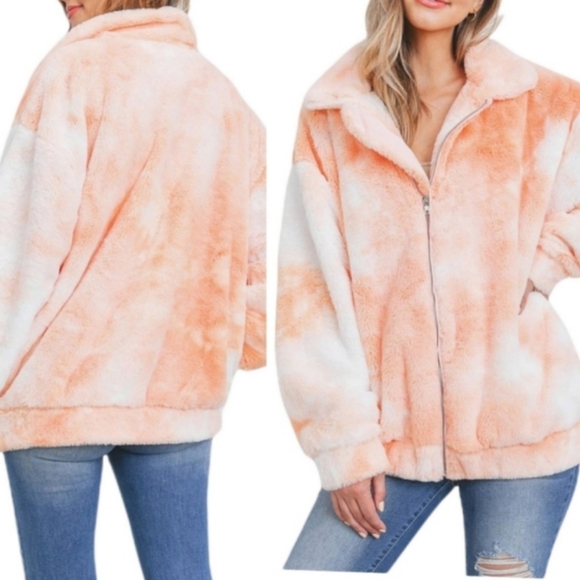 Storia Jackets & Blazers - Storia Tie Dye Creamsicle Oversized Full Zip Faux Fur Coat Jacket